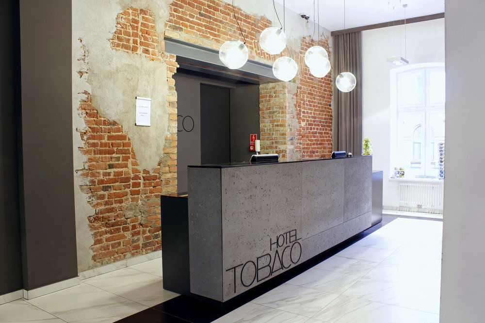 Concrete panel reception desk and wall in a hotel