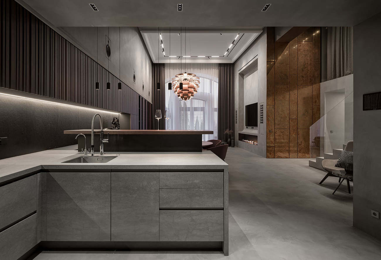 Concrete panel wall installation in a modern living room